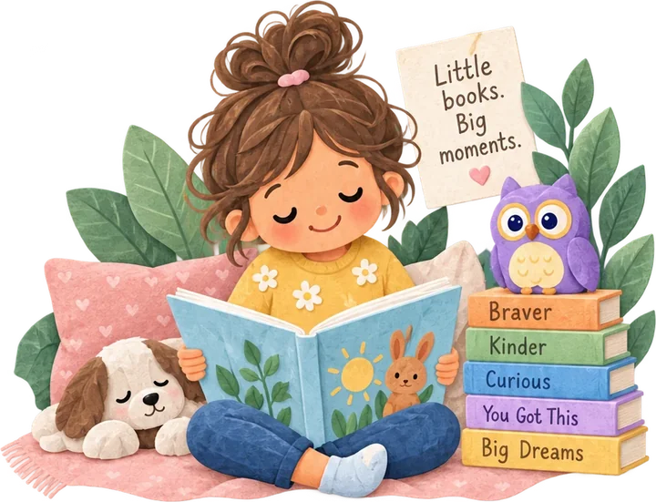 A child reads a picture book beside a dog, an owl and a stack of books.