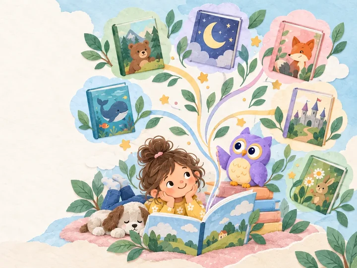 A child reads on a blanket with colourful story scenes floating above.
